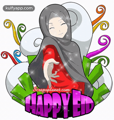 A Happy Eid Greeting Card With A Girl In A Hijab On It GIF