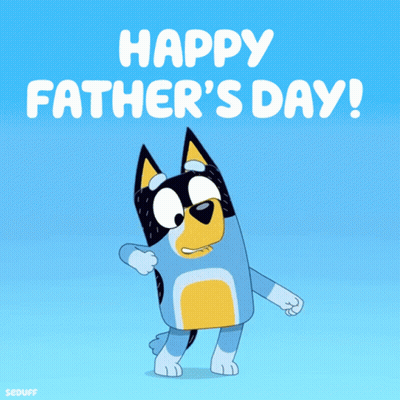 A Happy Father 'S Day Greeting Card With A Blue And Yellow Dog GIF