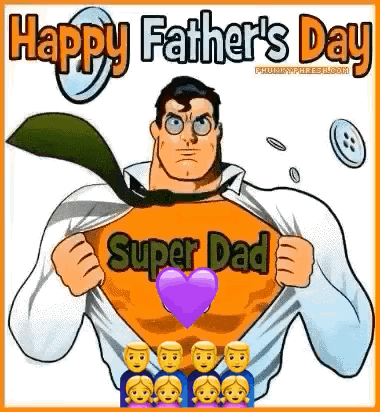A Happy Father 'S Day Greeting Card With A Cartoon Of Superman Holding A Heart And A Purple Heart . GIF
