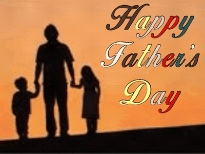A Happy Father 'S Day Greeting Card With A Silhouette Of A Man Holding Two Children 'S Hands GIF