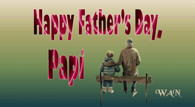 A Happy Father 'S Day Poster With A Man And A Boy Sitting On A Bench GIF