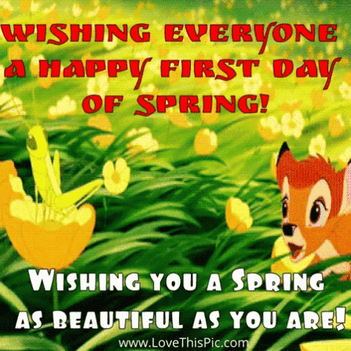 A Happy First Day Of Spring Greeting Card With A Fox And Flowers GIF