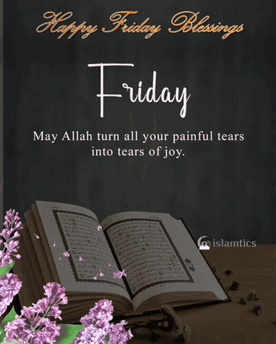 A Happy Friday Blessings Card With A Quran And Purple Flowers GIF