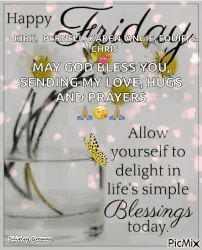 A Happy Friday Card With A Vase Of Flowers And A Butterfly GIF