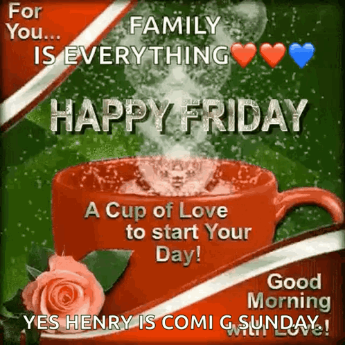 A Happy Friday Greeting Card With A Cup Of Coffee And A Rose GIF