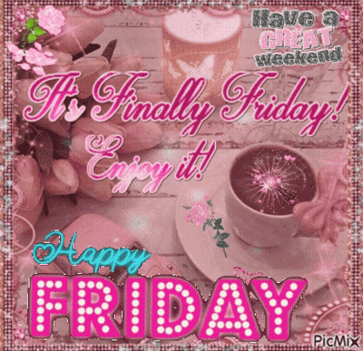 A Happy Friday Greeting Card With A Cup Of Coffee And Flowers GIF