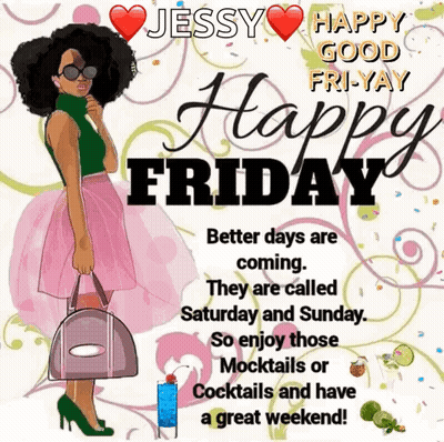 A Happy Friday Greeting Card With A Woman In A Pink Skirt Holding A Purse GIF