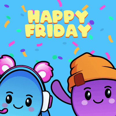 A Happy Friday Greeting Card With Two Cartoon Characters And Confetti GIF