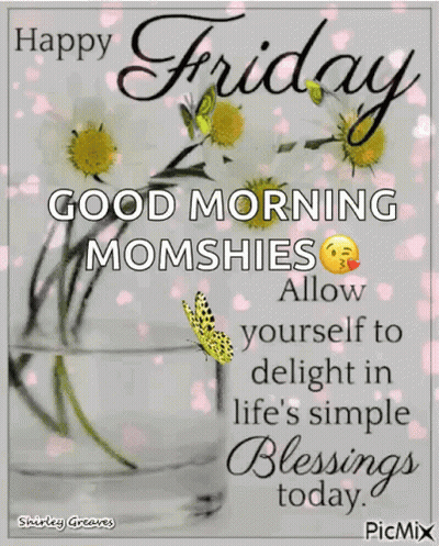 A Happy Friday Message With A Vase Of Flowers And A Butterfly On It GIF