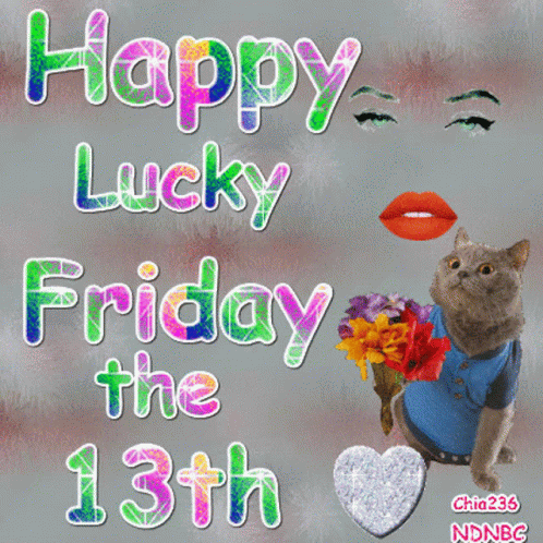 A Happy Friday The 13Th Greeting Card With A Cat And Flowers GIF