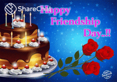 A Happy Friendship Day Greeting Card With A Chocolate Cake And Roses GIF