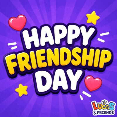 A Happy Friendship Day Greeting Card With Hearts And Stars GIF