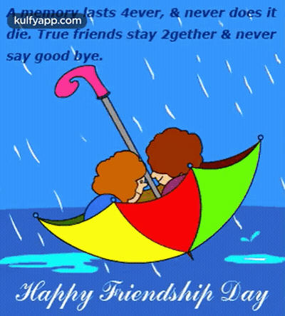 A Happy Friendship Day Greeting Card With Two People Under An Umbrella In The Rain GIF
