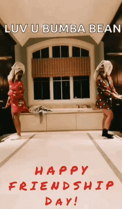 a happy friendship day greeting card with two women dancing in a bathroom