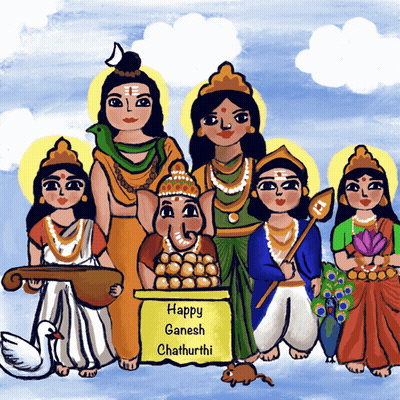 A Happy Ganesh Chaturthi Greeting Card With A Group Of Religious Figures GIF