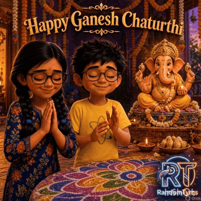 A Happy Ganesh Chaturthi Poster With A Boy And Girl Praying GIF