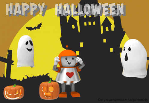 A Happy Halloween Card With A Robot And Ghosts GIF