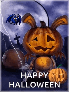 A Happy Halloween Greeting Card With A Pumpkin Shaped Like A Rabbit GIF