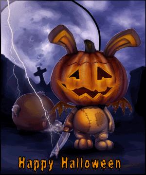 A Happy Halloween Greeting Card With A Stuffed Bunny Pumpkin GIF