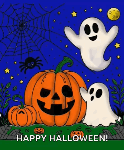 A Happy Halloween Greeting Card With Pumpkins , Ghosts , Spiders , And A Spider Web . GIF