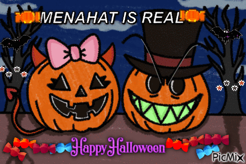 A Happy Halloween Greeting Card With Two Pumpkins And Candy GIF