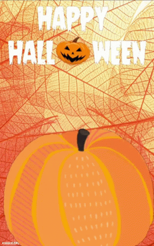 A Happy Halloween Poster With A Pumpkin And Leaves In The Background GIF