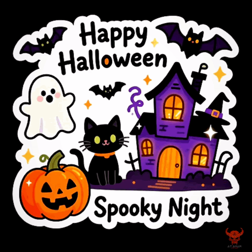 A Happy Halloween Spooky Night Sticker With A Black Cat A Ghost And A Haunted House GIF