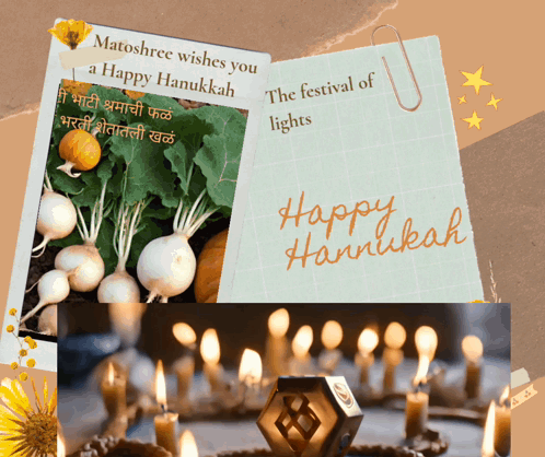 A Happy Hanukkah Greeting Card With A Picture Of Vegetables And Candles GIF