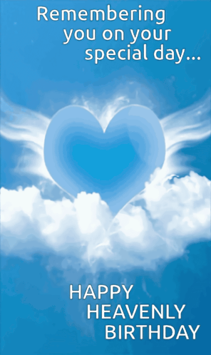 A Happy Heavenly Birthday Card With A Blue Heart GIF