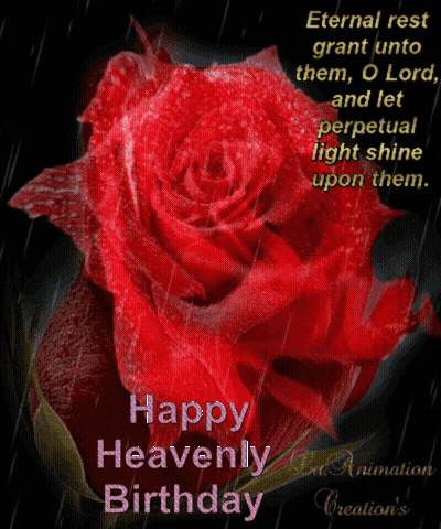A Happy Heavenly Birthday Card With A Red Rose In The Foreground GIF