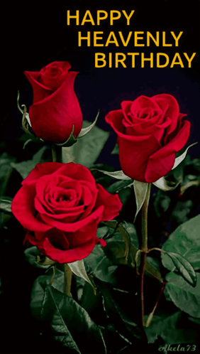 A Happy Heavenly Birthday Card With Red Roses On It GIF