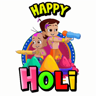 A Happy Holi Greeting Card With A Boy And A Girl Holding Water Guns GIF