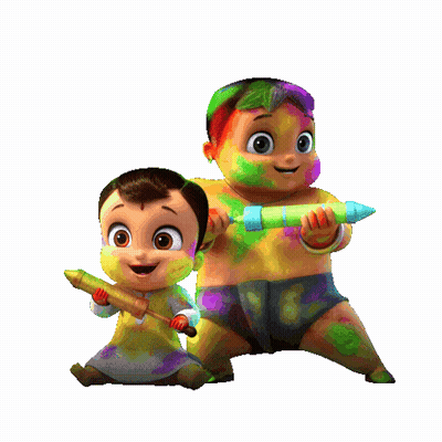 A Happy Holi Greeting Card With Two Babies Playing With Colored Powder GIF