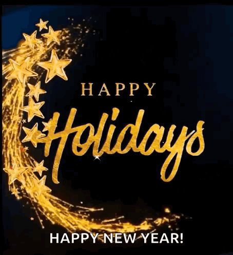 A Happy Holidays And Happy New Year Greeting Card With Gold Stars On A Black Background GIF