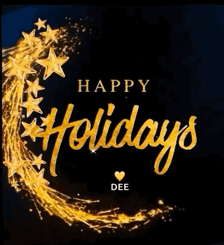 A Happy Holidays Greeting Card With Gold Stars On A Black Background GIF