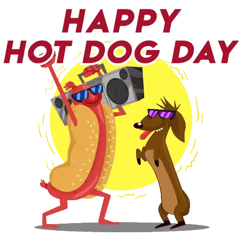 A Happy Hot Dog Day Greeting Card With A Hot Dog And A Dachshund Dancing Sticker