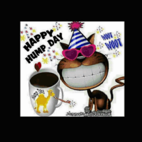 A Happy Hump Day Card With A Cat Wearing A Party Hat And Sunglasses Next To A Cup Of Coffee GIF