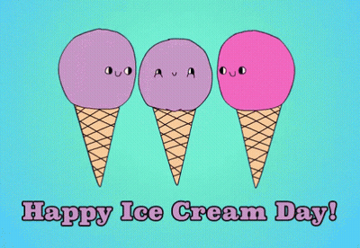 A Happy Ice Cream Day Card With Three Ice Cream Cones On A Blue Background GIF