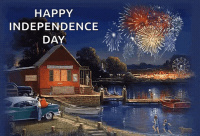 A Happy Independence Day Greeting Card With A Painting Of A Lake GIF