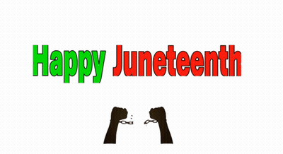 A Happy Juneteenth Sign With A Silhouette Of A Person Chained GIF