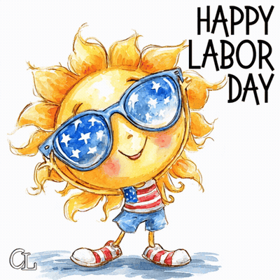 A Happy Labor Day Greeting Card With A Cartoon Sun Wearing Sunglasses GIF