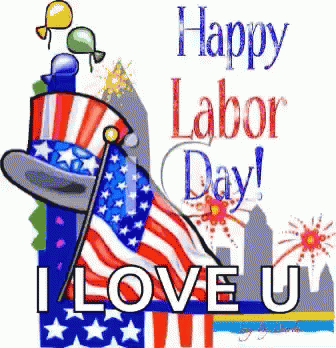 A Happy Labor Day Greeting Card With An American Flag And A Top Hat GIF