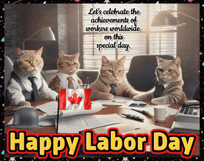 A Happy Labor Day Greeting Card With Cats Dressed In Suits And Ties GIF