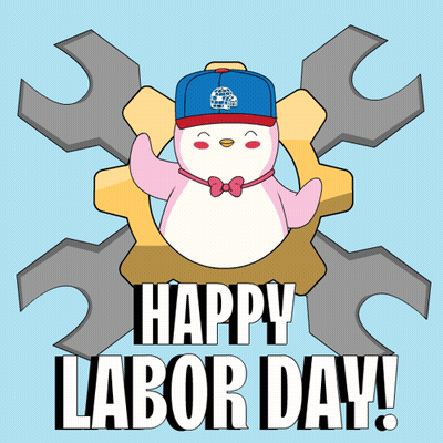 A Happy Labor Day Poster With A Penguin Wearing A Hat And A Bow Tie GIF