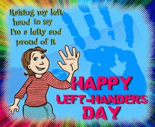 A Happy Left Handers Day Greeting Card With A Woman Waving GIF
