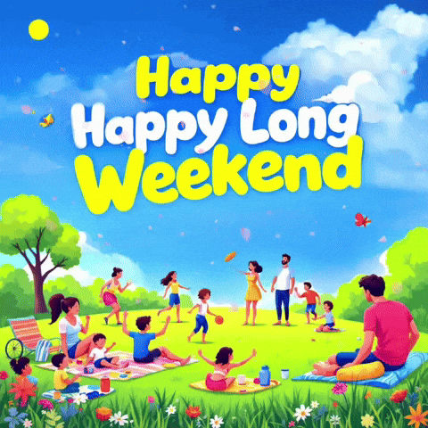 A Happy Long Weekend Greeting Card With A Family Having A Picnic In The Park GIF