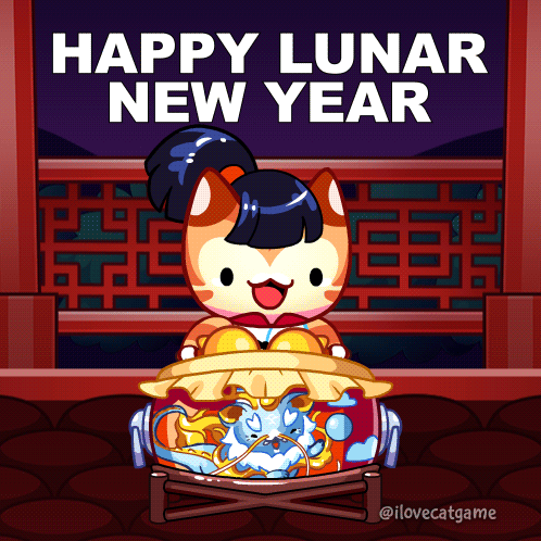 A Happy Lunar New Year Cartoon With A Cat GIF