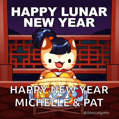 A Happy Lunar New Year Greeting Card With A Cat And A Bowl Of Food GIF