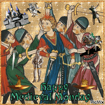 A Happy Medieval Monday Greeting Card With A Picture Of A Man Holding A Sword GIF