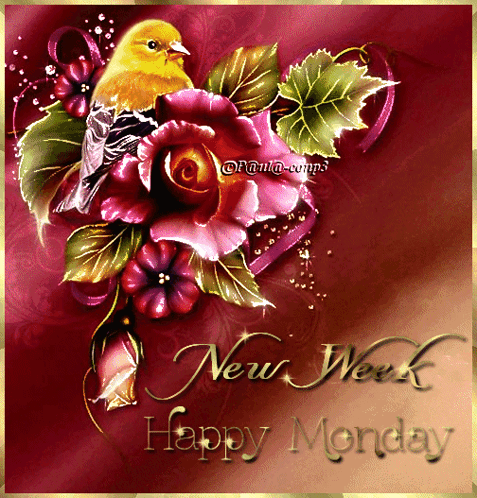 A Happy Monday Card With Flowers And A Yellow Bird GIF